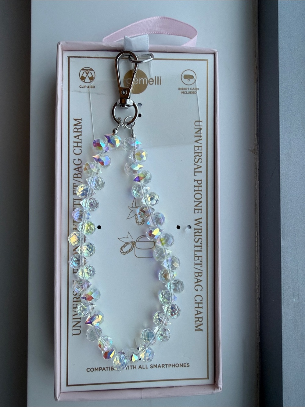 Iridescent Crystal Bead Wristlet Bracelet with Clip Charm